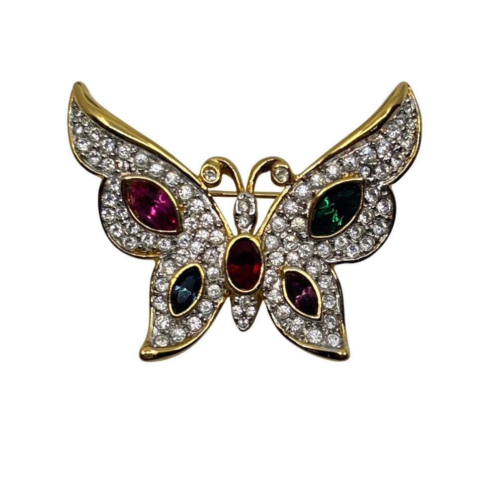 Weekenders Vintage Gold Tone Multi Color Rhinestone Crystal Butterfly Brooch
